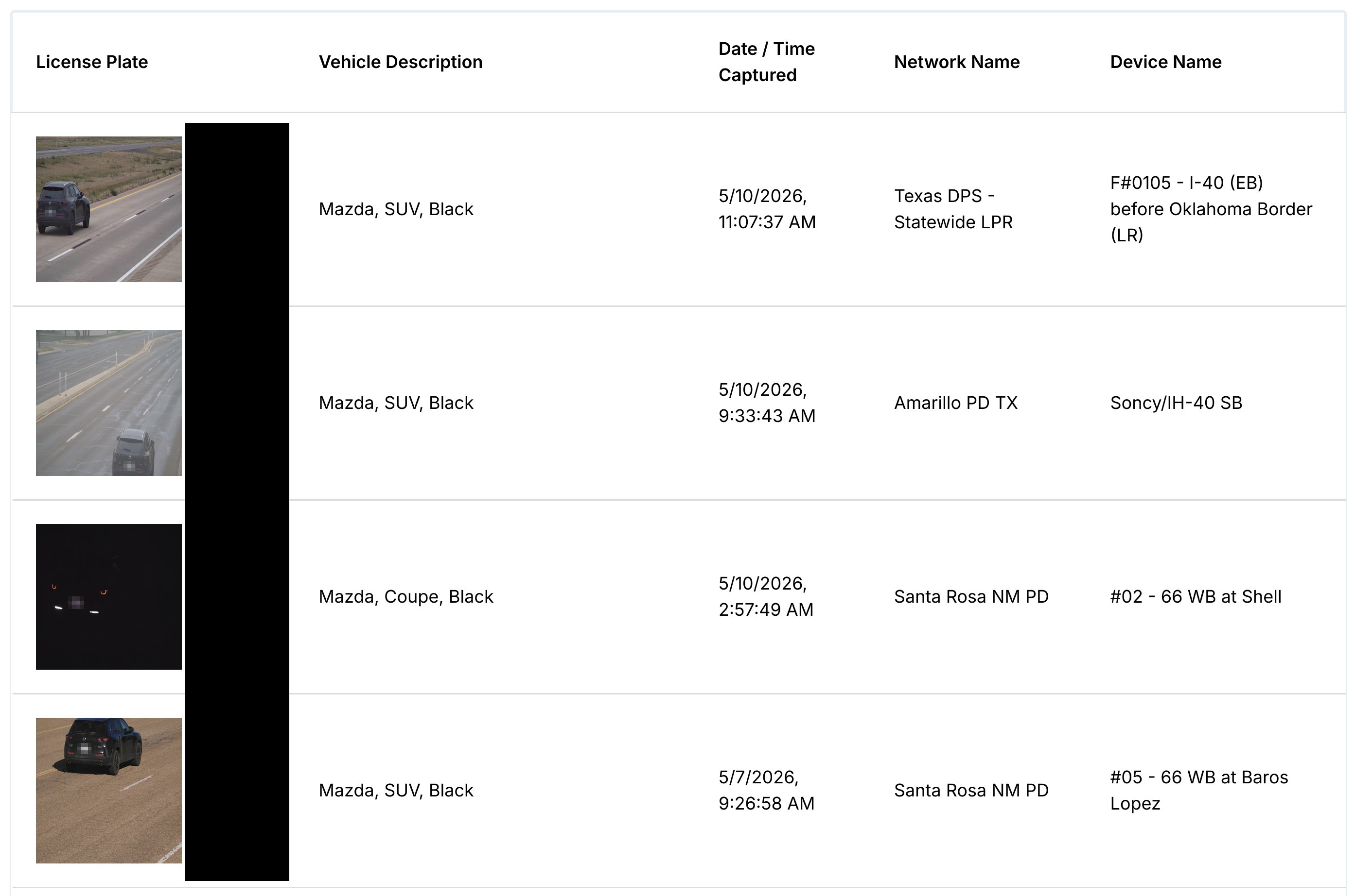 First page of the Flock search results filed in United States v. Kyle, showing photographs of the vehicle at camera locations in Texas and New Mexico, with the license plate redacted