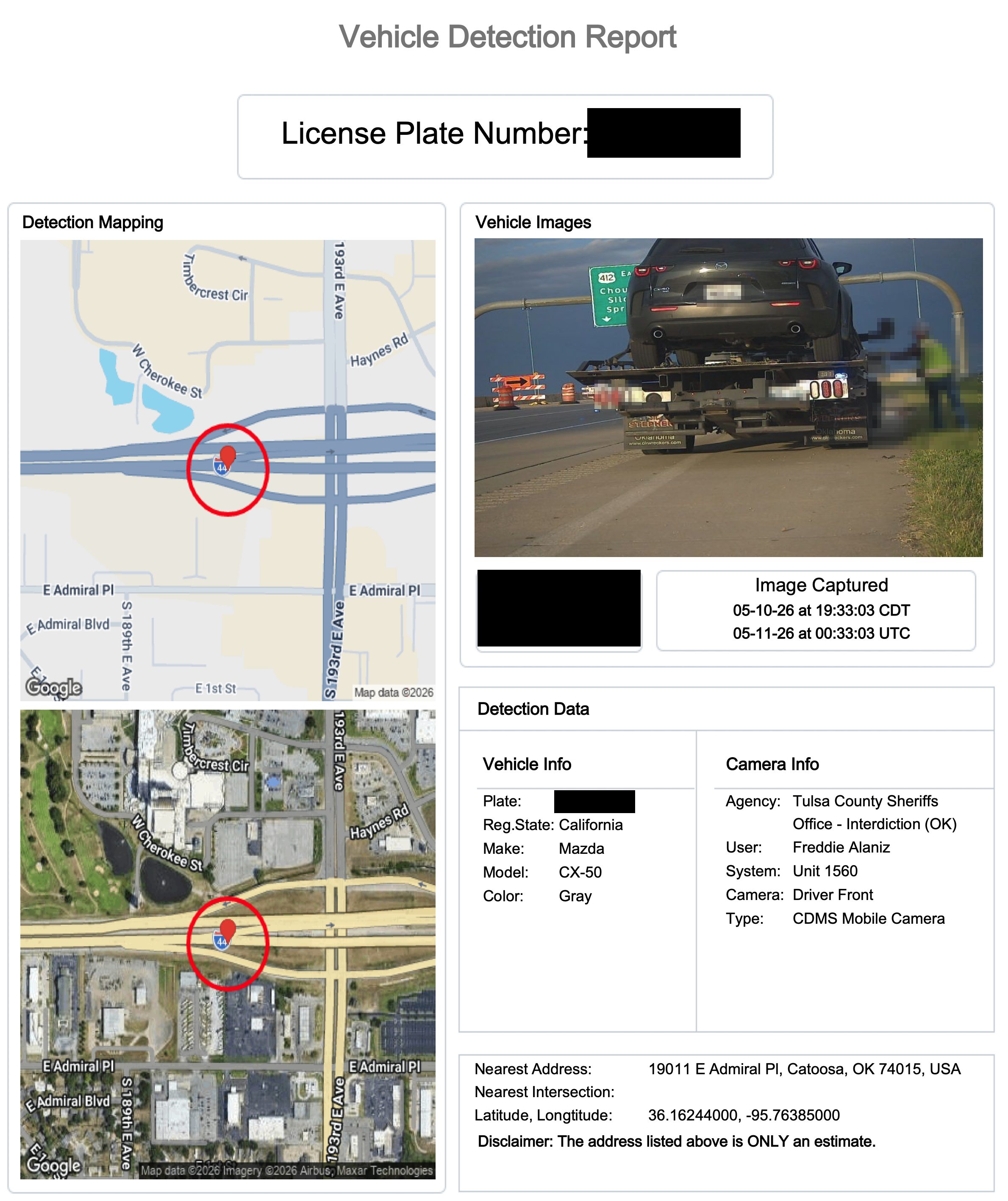 A Vigilant VehicleManager vehicle detection report filed in United States v. Kyle, showing a map, a photograph of the vehicle on a tow truck, and camera information, with the license plate redacted